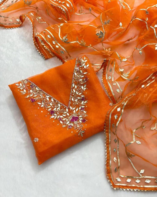 Hand - crafted Handcrafted Zardoji Organza Suit & Charkhi Gota Dupatta with elegant handwork - LIBASTINO