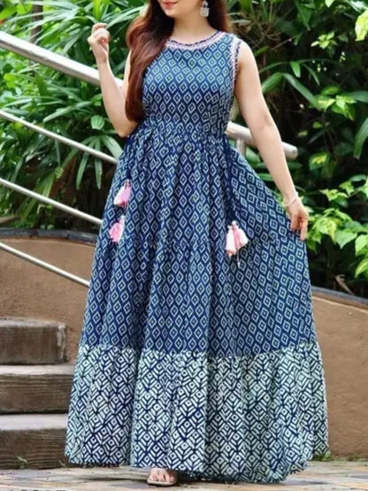 Hand - crafted Indigo Blue Geometric Print Anarkali Gown with Designer Tassels with elegant handwork - LIBASTINO