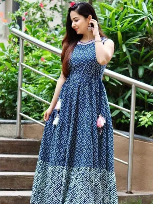 Hand - crafted Indigo Blue Geometric Print Anarkali Gown with Designer Tassels with elegant handwork - LIBASTINO