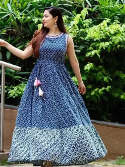 Hand - crafted Indigo Blue Geometric Print Anarkali Gown with Designer Tassels with elegant handwork - LIBASTINO