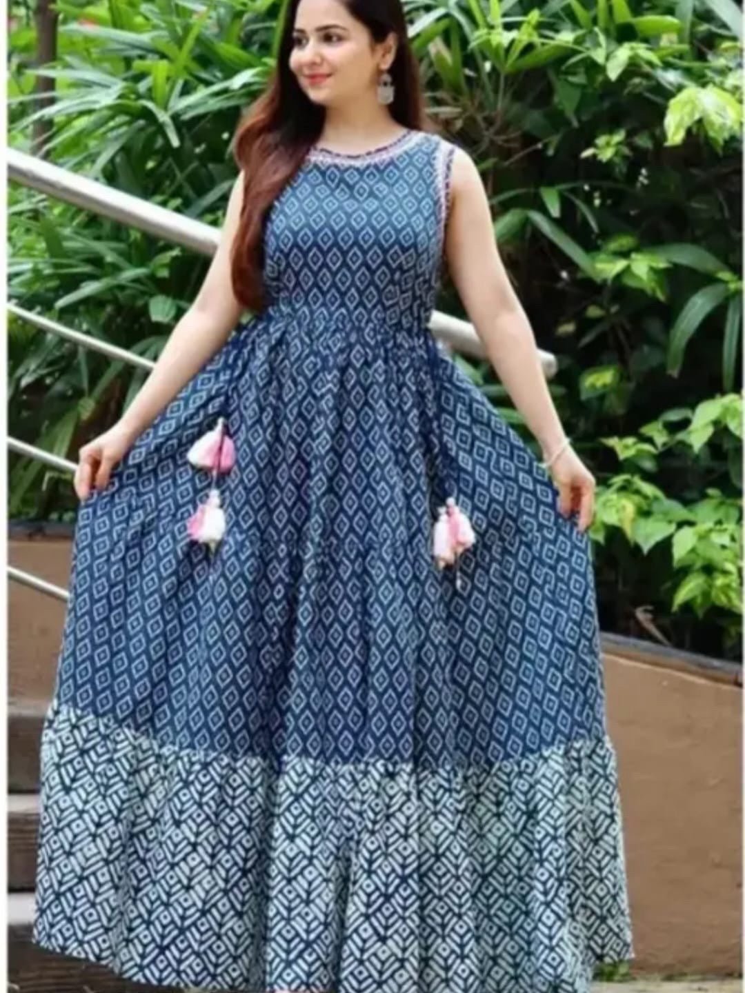 Hand - crafted Indigo Blue Geometric Print Anarkali Gown with Designer Tassels with elegant handwork - LIBASTINO