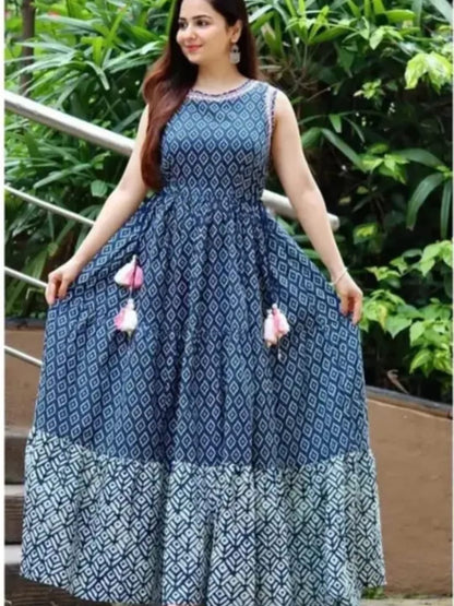 Hand - crafted Indigo Blue Geometric Print Anarkali Gown with Designer Tassels with elegant handwork - LIBASTINO