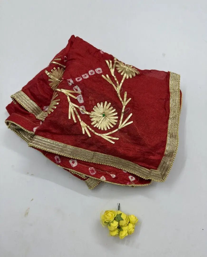 Hand - crafted Jaipuri Bandhani Silk Dupatta with Charkhi Gota Work & Shiny Lace Border with elegant handwork - LIBASTINO
