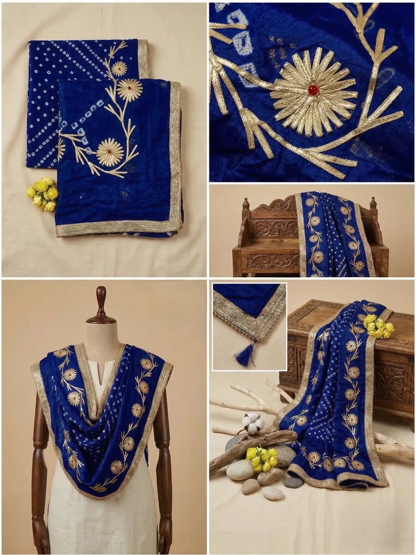 Hand - crafted Jaipuri Bandhani Silk Dupatta with Charkhi Gota Work & Shiny Lace Border with elegant handwork - LIBASTINO