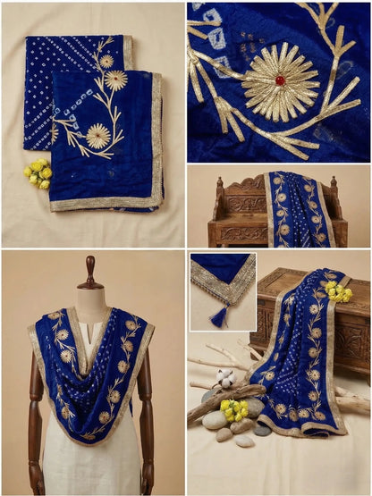 Hand - crafted Jaipuri Bandhani Silk Dupatta with Charkhi Gota Work & Shiny Lace Border with elegant handwork - LIBASTINO