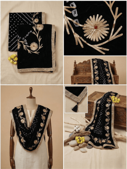 Hand - crafted Jaipuri Bandhani Silk Dupatta with Charkhi Gota Work & Shiny Lace Border with elegant handwork - LIBASTINO