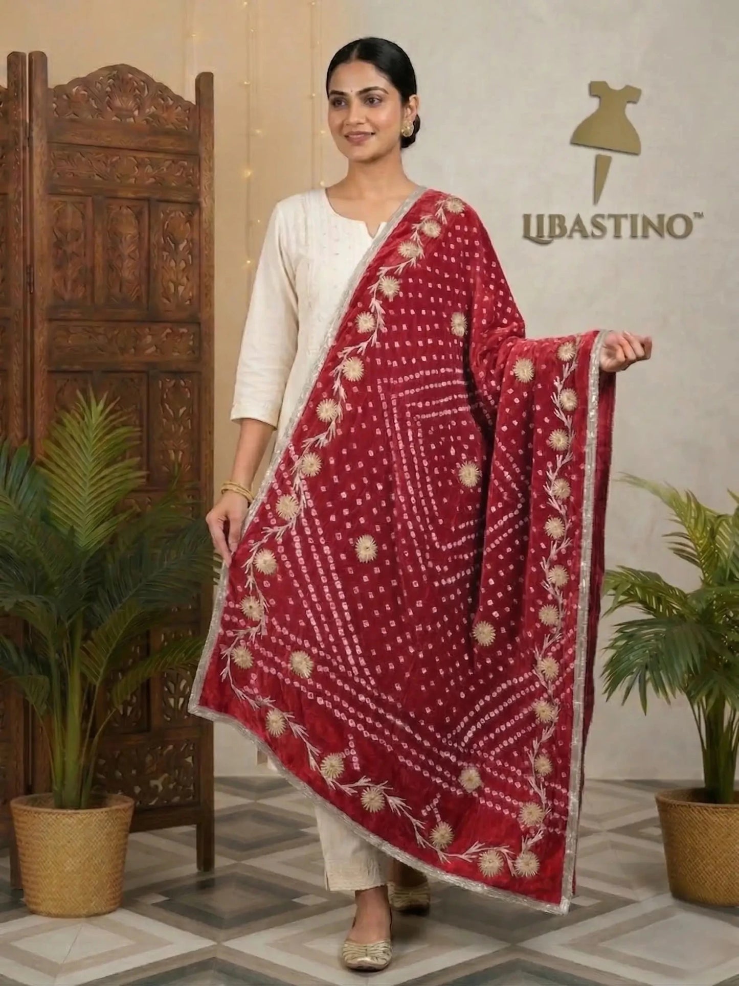 Hand - crafted Jaipuri Bandhani Silk Dupatta with Charkhi Gota Work & Shiny Lace Border with elegant handwork - LIBASTINO