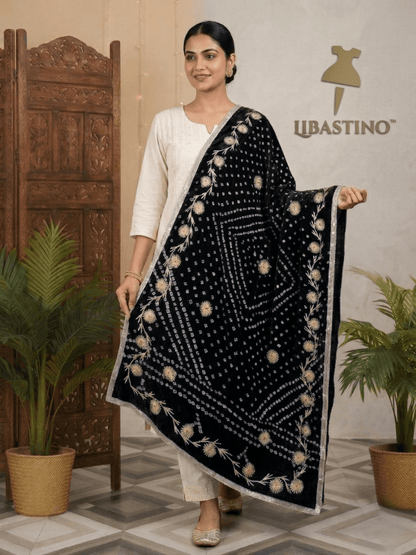 Hand - crafted Jaipuri Bandhani Silk Dupatta with Charkhi Gota Work & Shiny Lace Border with elegant handwork - LIBASTINO