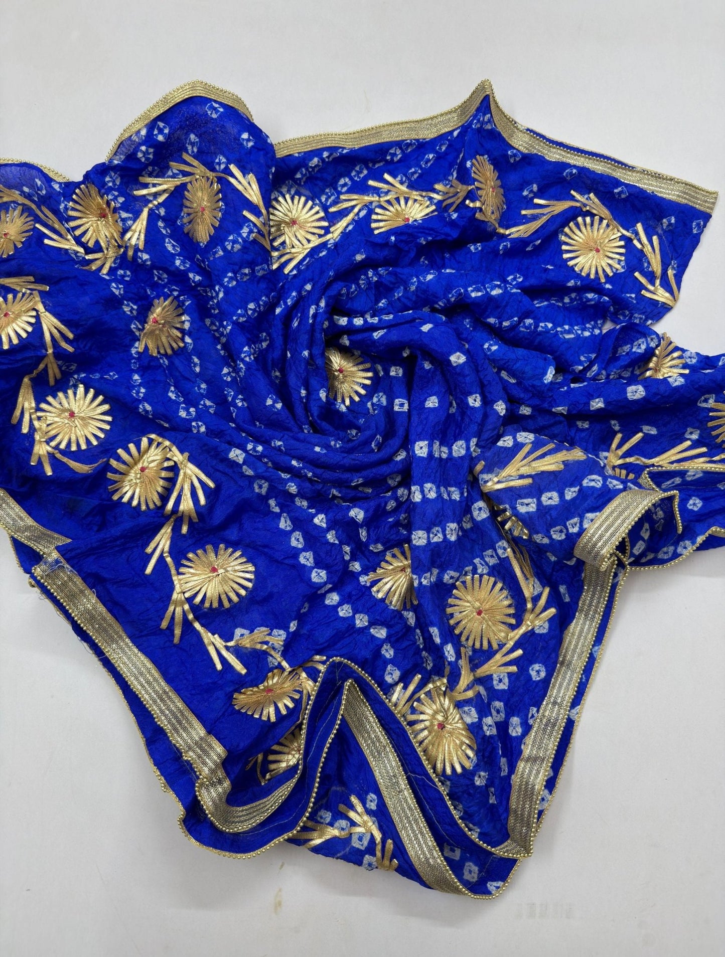 Hand - crafted Jaipuri Bandhani Silk Dupatta with Charkhi Gota Work & Shiny Lace Border with elegant handwork - LIBASTINO