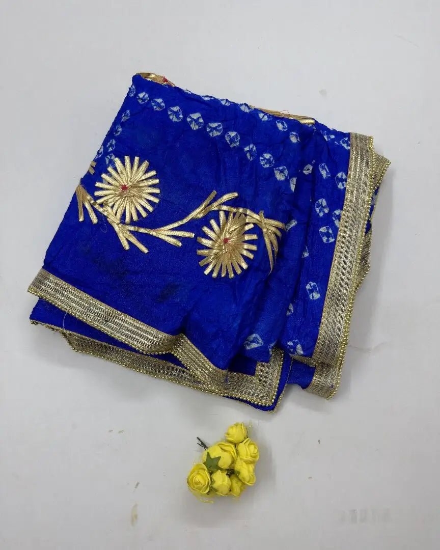 Hand - crafted Jaipuri Bandhani Silk Dupatta with Charkhi Gota Work & Shiny Lace Border with elegant handwork - LIBASTINO