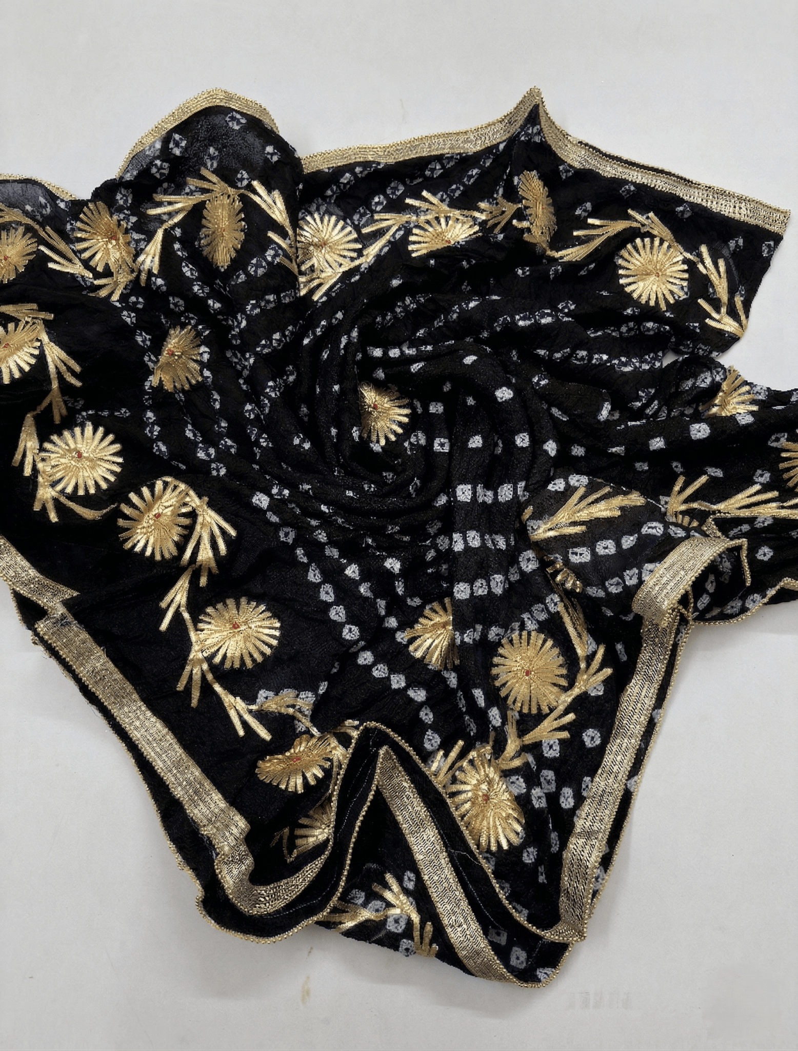 Hand - crafted Jaipuri Bandhani Silk Dupatta with Charkhi Gota Work & Shiny Lace Border with elegant handwork - LIBASTINO