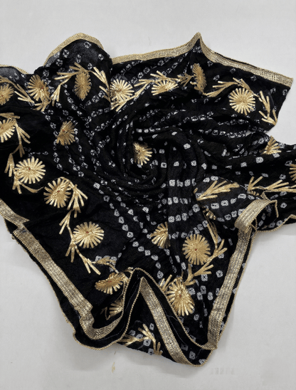 Hand - crafted Jaipuri Bandhani Silk Dupatta with Charkhi Gota Work & Shiny Lace Border with elegant handwork - LIBASTINO