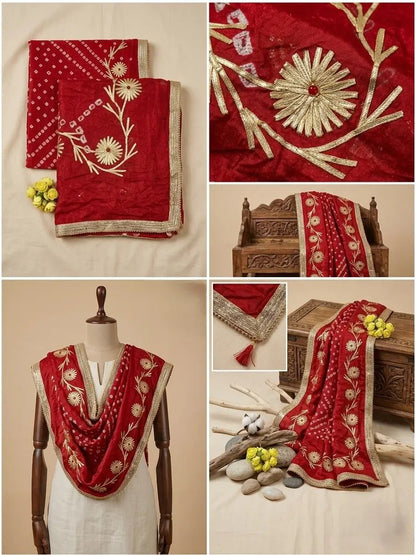 Hand - crafted Jaipuri Bandhani Silk Dupatta with Charkhi Gota Work & Shiny Lace Border with elegant handwork - LIBASTINO