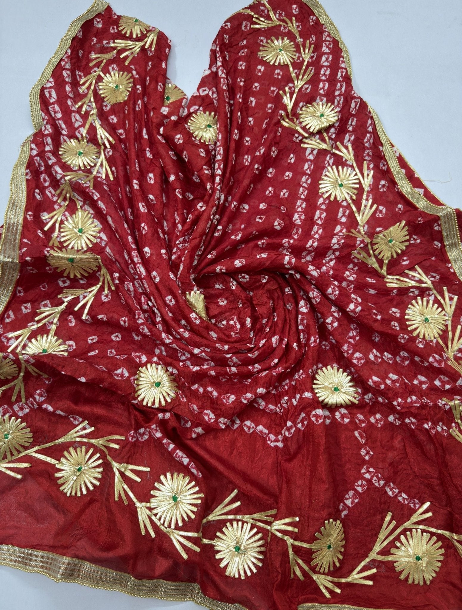 Hand - crafted Jaipuri Bandhani Silk Dupatta with Charkhi Gota Work & Shiny Lace Border with elegant handwork - LIBASTINO
