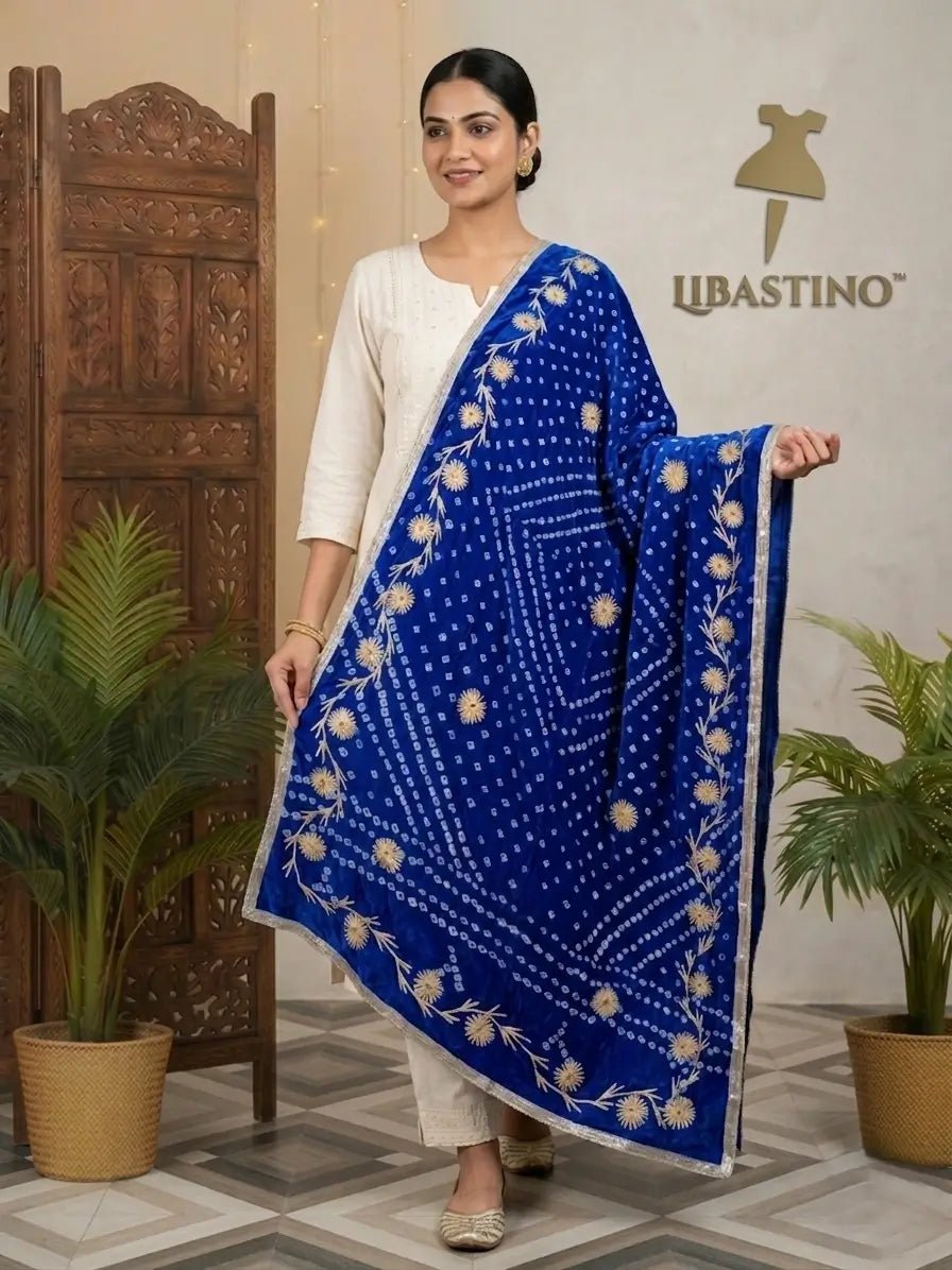 Hand - crafted Jaipuri Bandhani Silk Dupatta with Charkhi Gota Work & Shiny Lace Border with elegant handwork - LIBASTINO