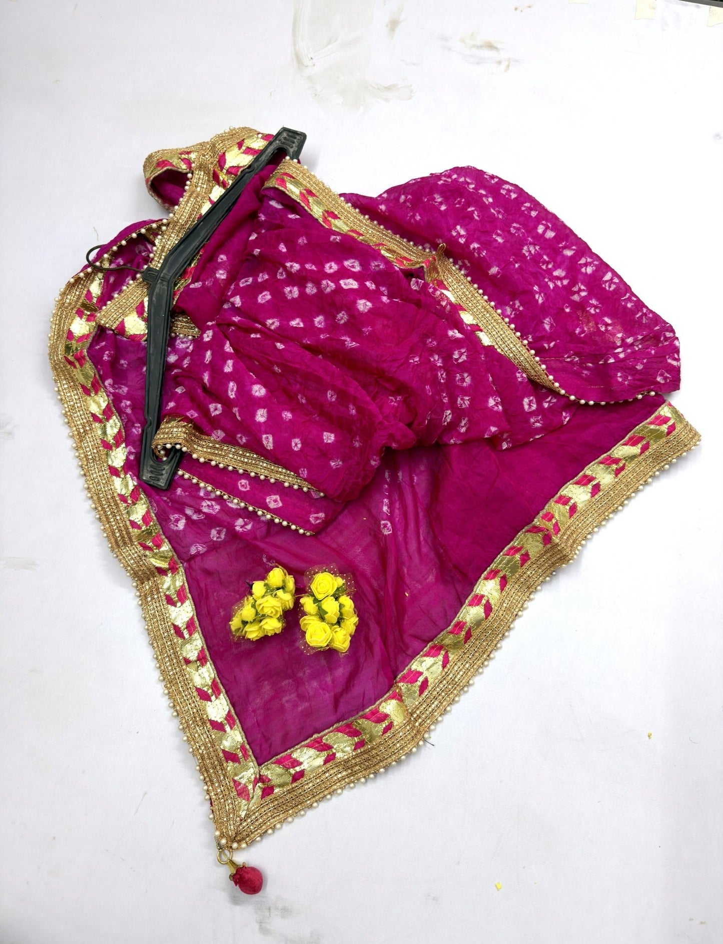 Hand - crafted Jaipuri Bandhani Silk Dupatta with Heavy Gota Patti Border & Pearl Work with elegant handwork - LIBASTINO