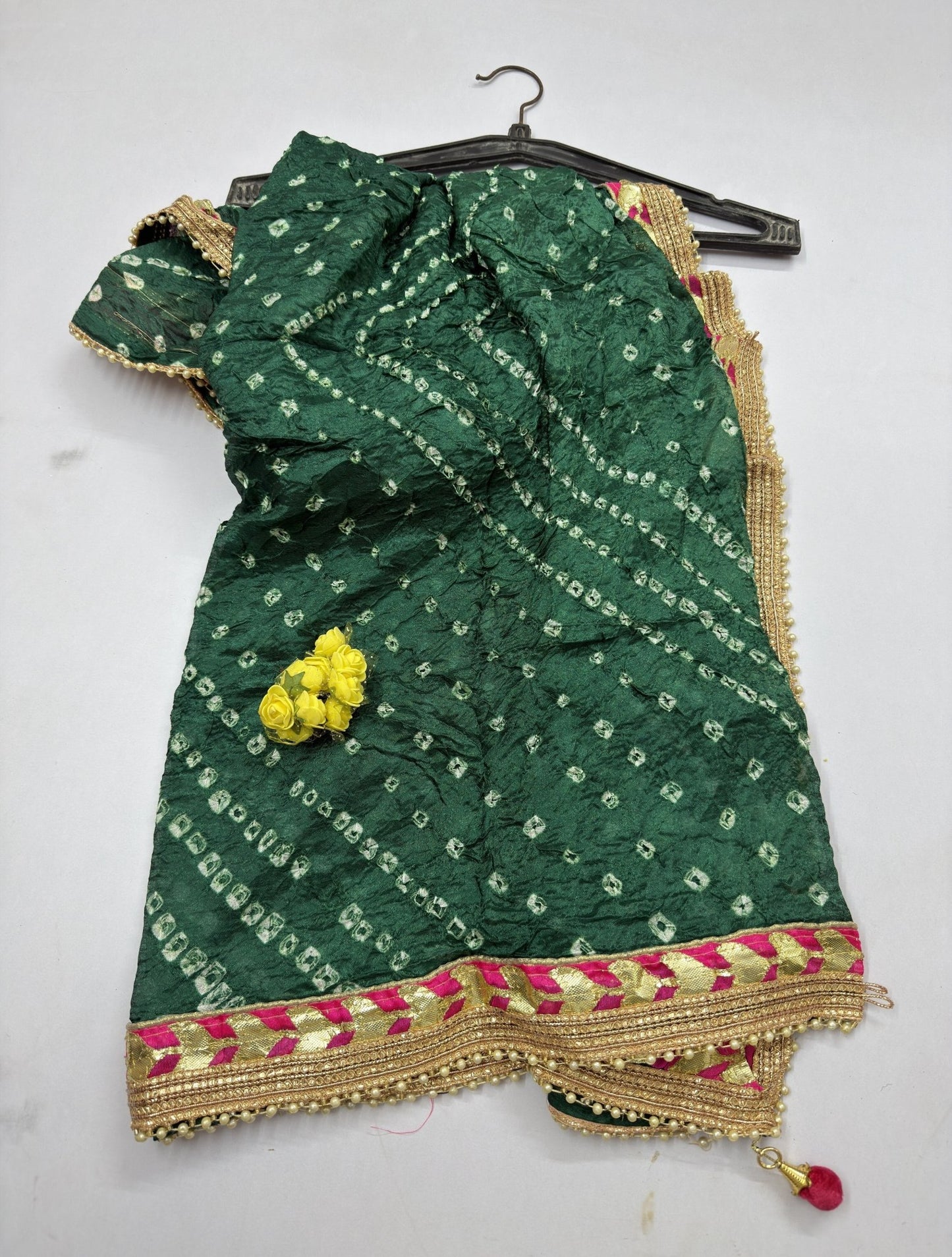Hand - crafted Jaipuri Bandhani Silk Dupatta with Heavy Gota Patti Border & Pearl Work with elegant handwork - LIBASTINO