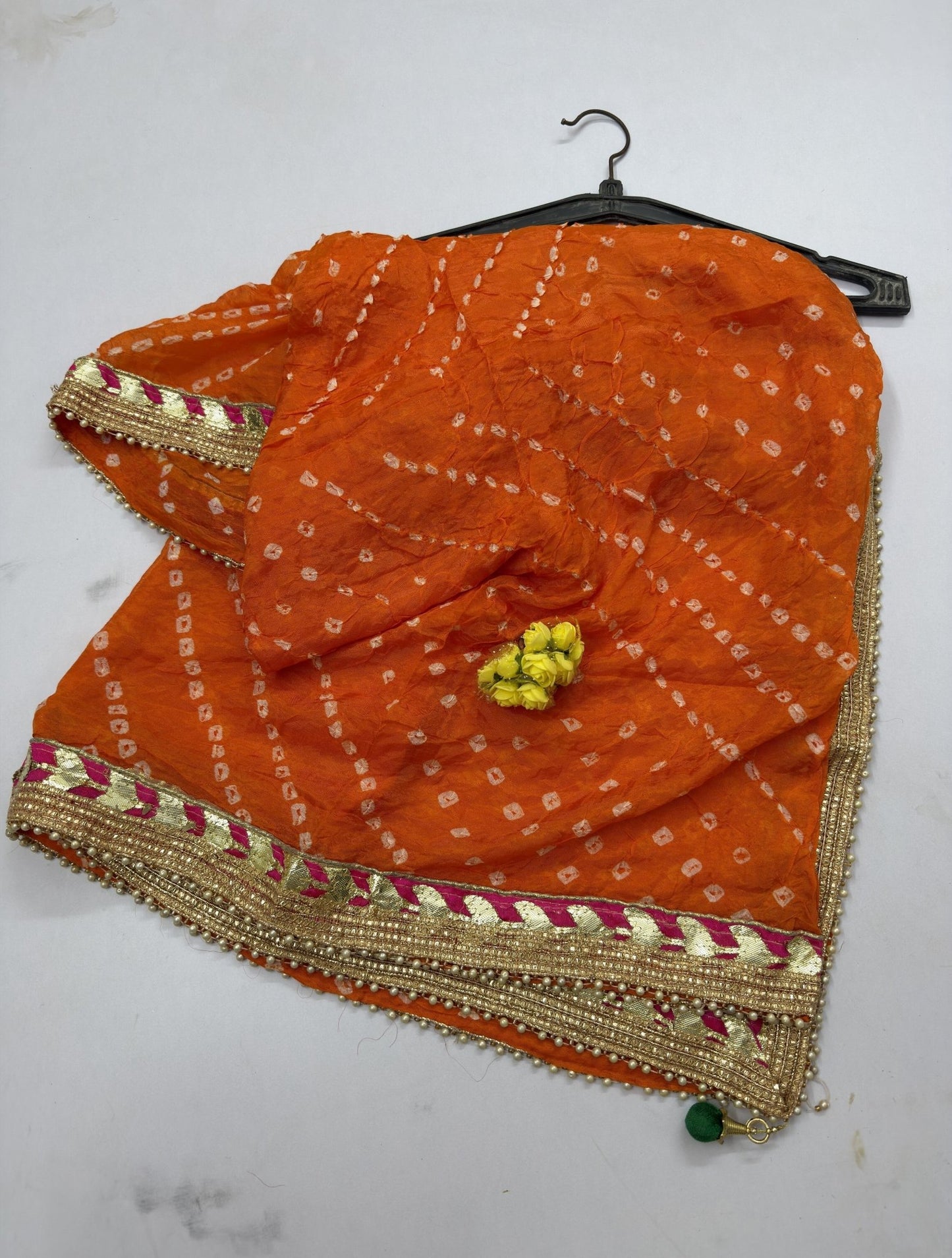 Hand - crafted Jaipuri Bandhani Silk Dupatta with Heavy Gota Patti Border & Pearl Work with elegant handwork - LIBASTINO