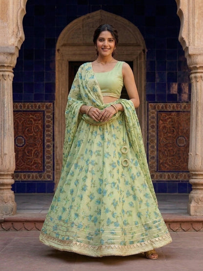 Hand - crafted Kota Doria Semi - Stitched Lehenga Set with Gota Patti & Lace Work with elegant handwork - LIBASTINO