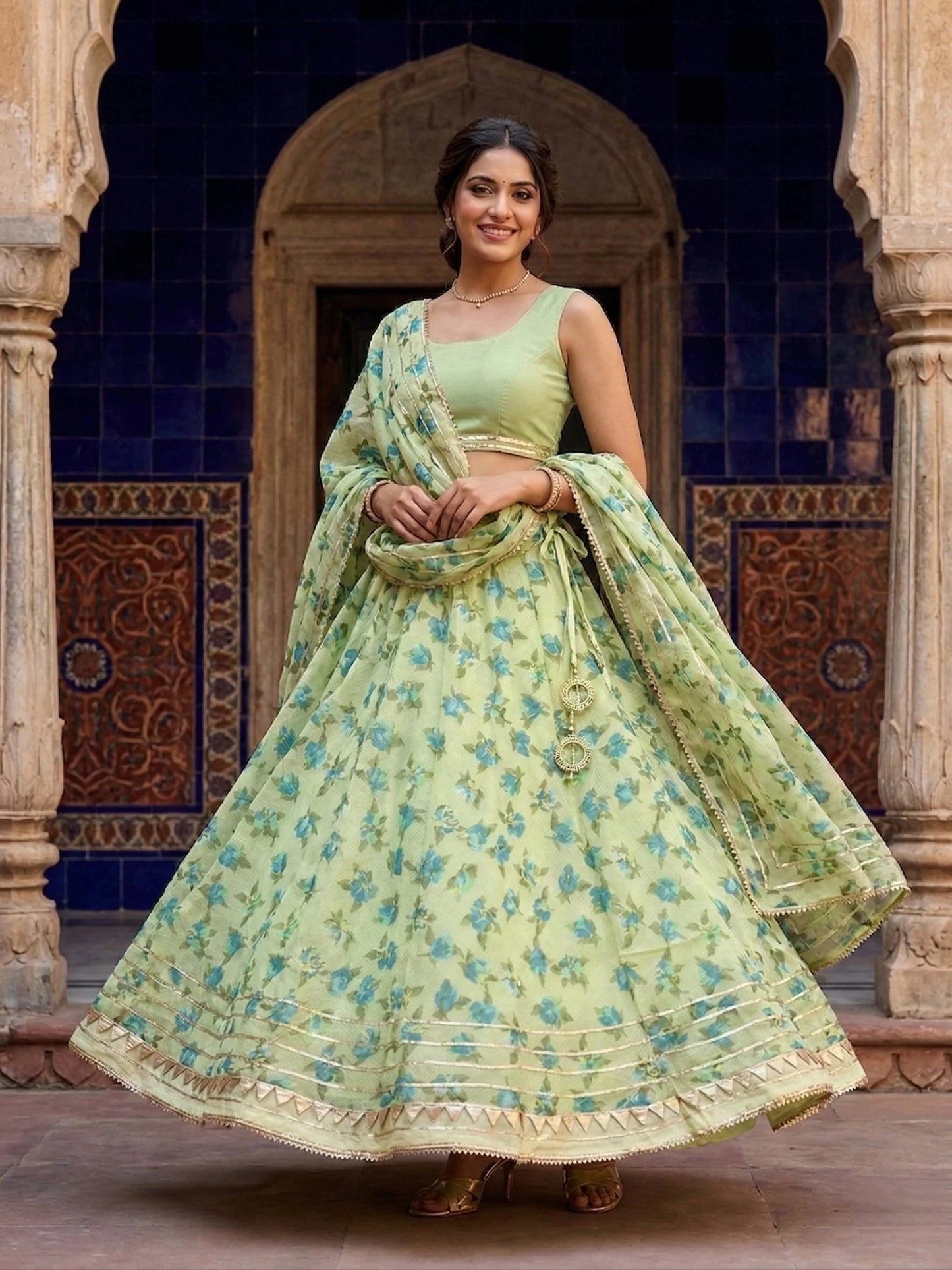 Hand - crafted Kota Doria Semi - Stitched Lehenga Set with Gota Patti & Lace Work with elegant handwork - LIBASTINO