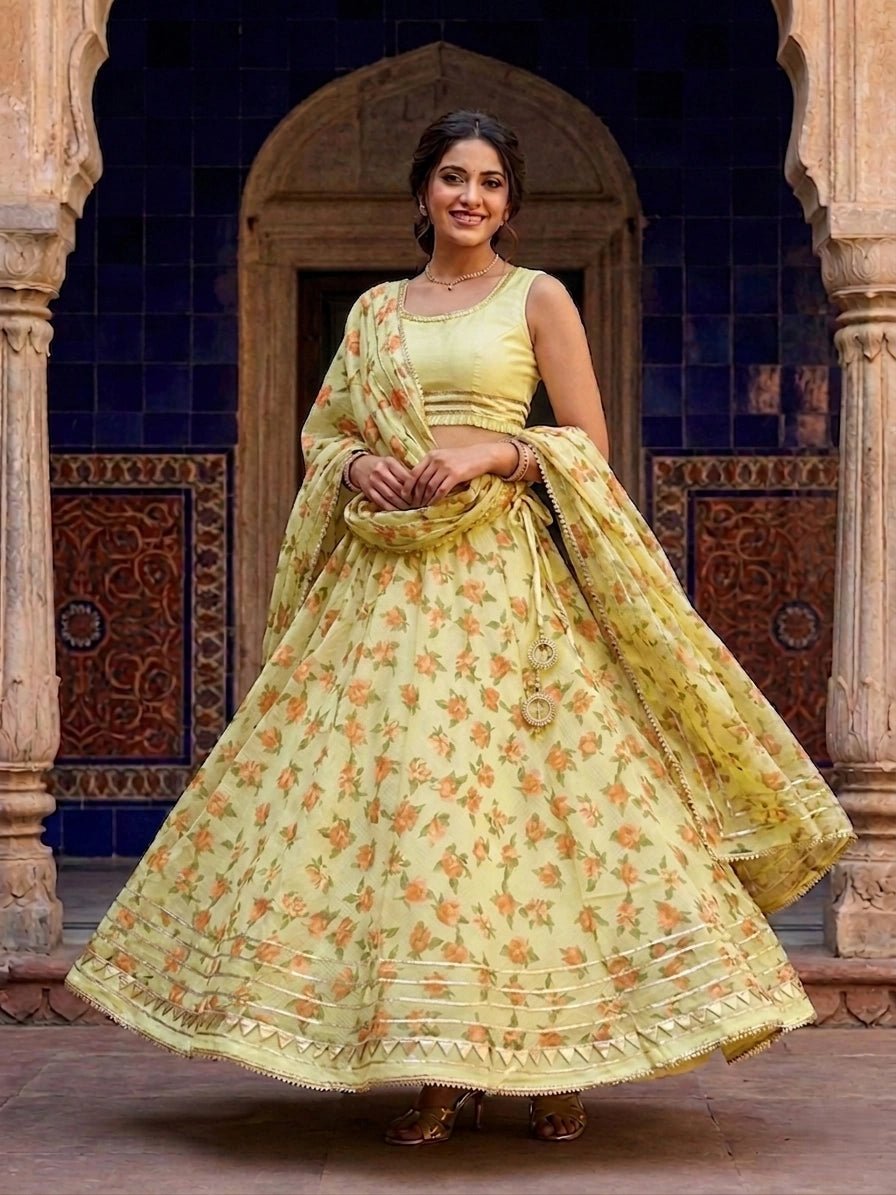 Hand - crafted Kota Doria Semi - Stitched Lehenga Set with Gota Patti & Lace Work with elegant handwork - LIBASTINO