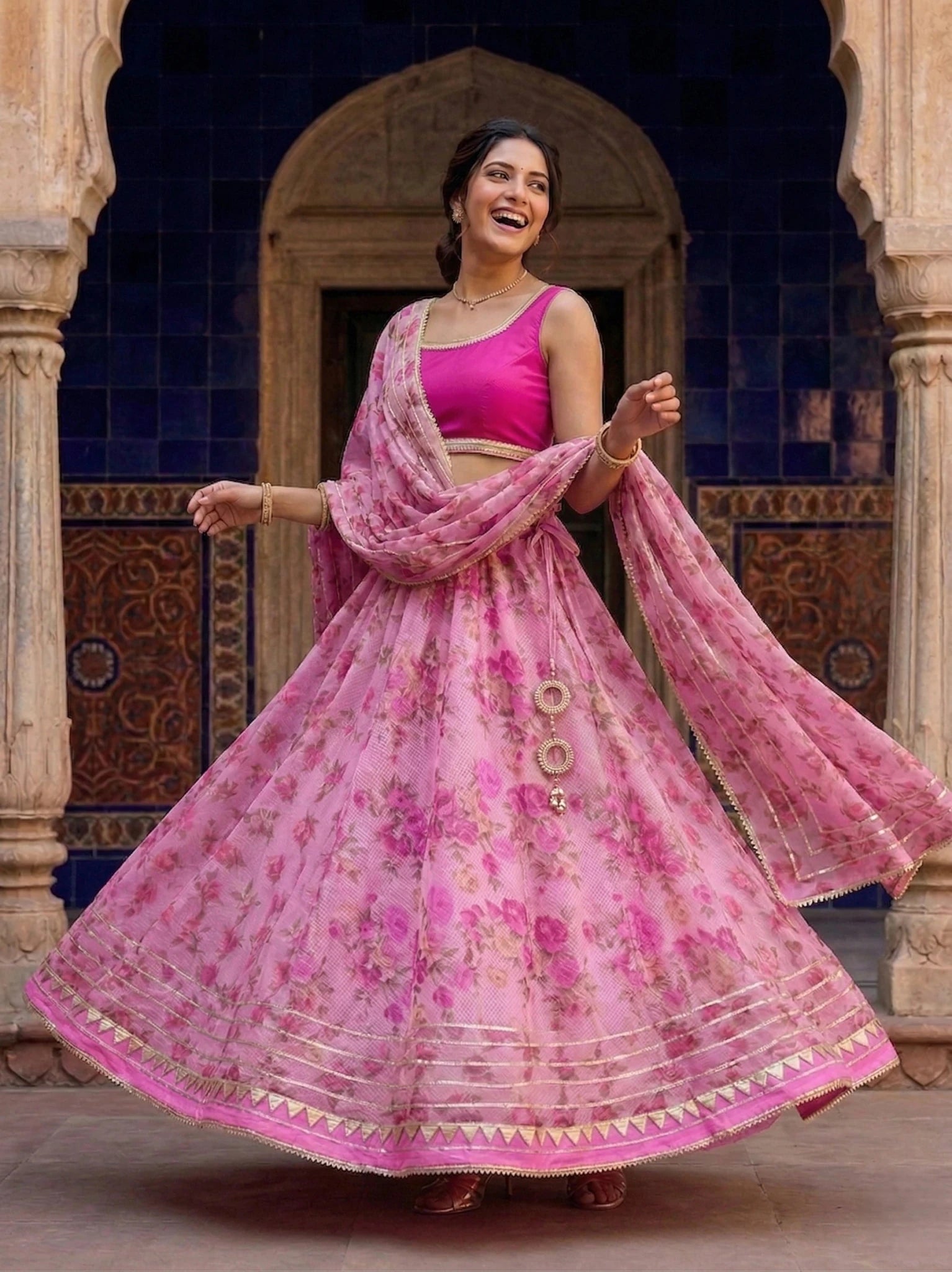Hand - crafted Kota Doria Semi - Stitched Lehenga Set with Gota Patti & Lace Work with elegant handwork - LIBASTINO