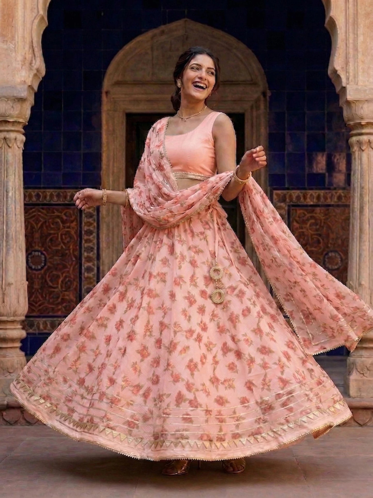 Hand - crafted Kota Doria Semi - Stitched Lehenga Set with Gota Patti & Lace Work with elegant handwork - LIBASTINO