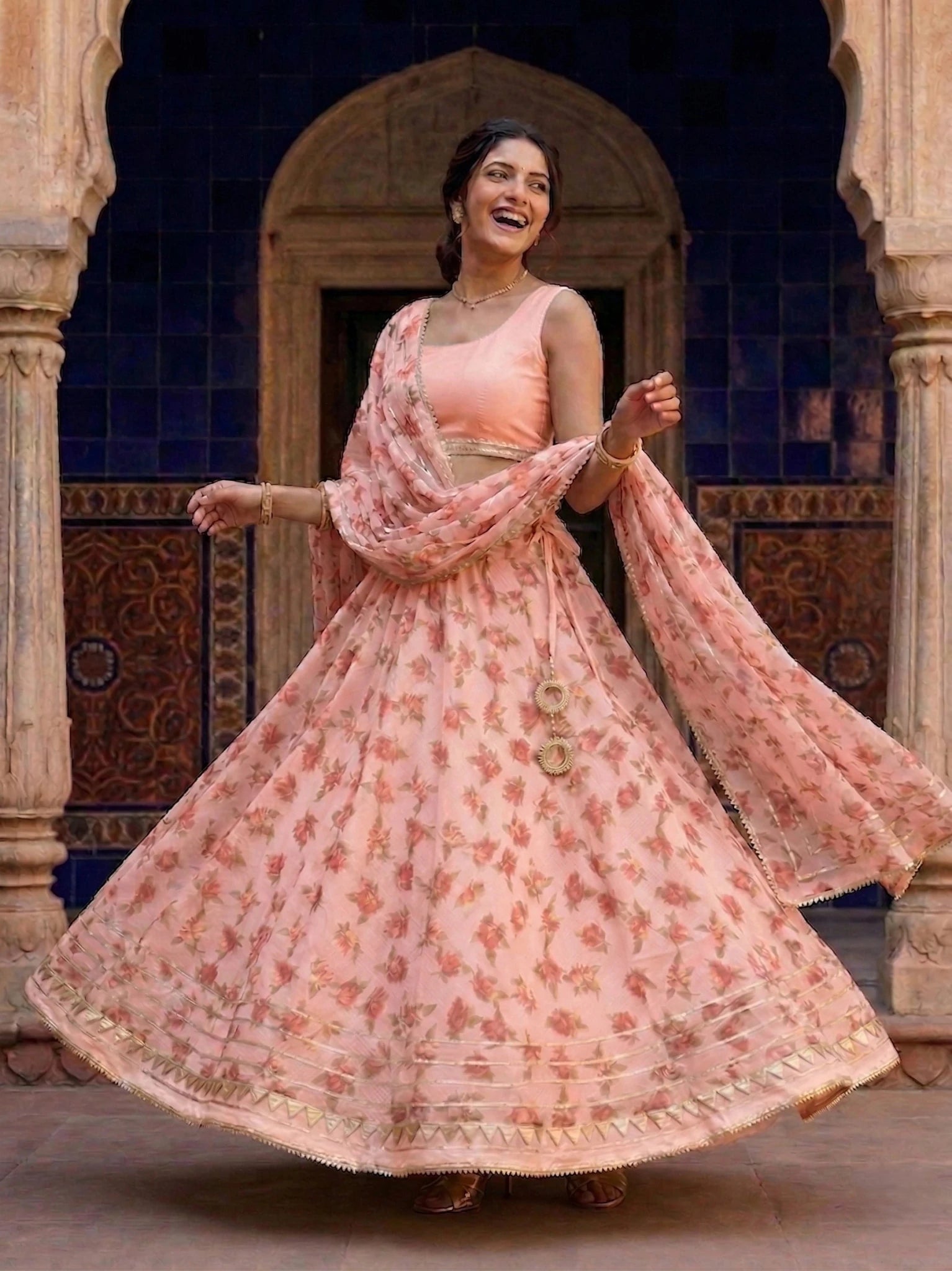 Hand - crafted Kota Doria Semi - Stitched Lehenga Set with Gota Patti & Lace Work with elegant handwork - LIBASTINO
