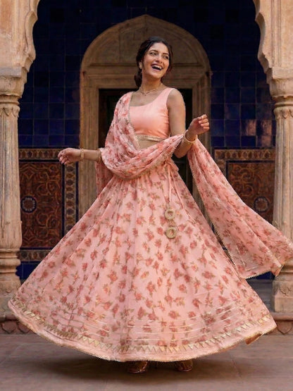 Hand - crafted Kota Doria Semi - Stitched Lehenga Set with Gota Patti & Lace Work with elegant handwork - LIBASTINO