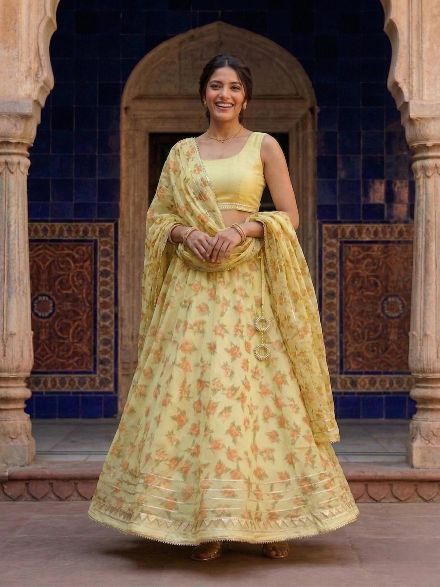 Hand - crafted Kota Doria Semi - Stitched Lehenga Set with Gota Patti & Lace Work with elegant handwork - LIBASTINO