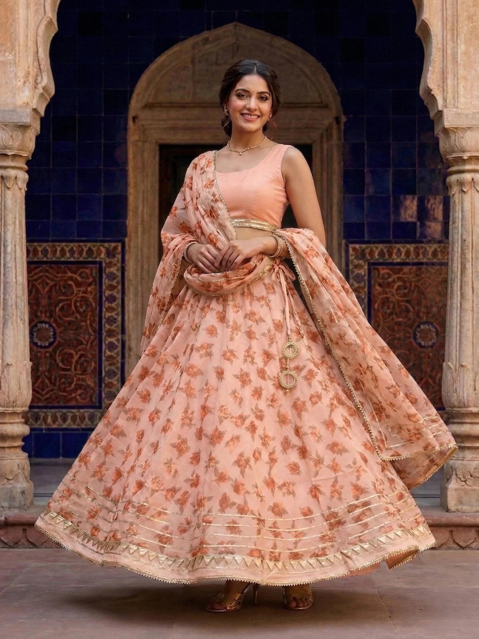 Hand - crafted Kota Doria Semi - Stitched Lehenga Set with Gota Patti & Lace Work with elegant handwork - LIBASTINO