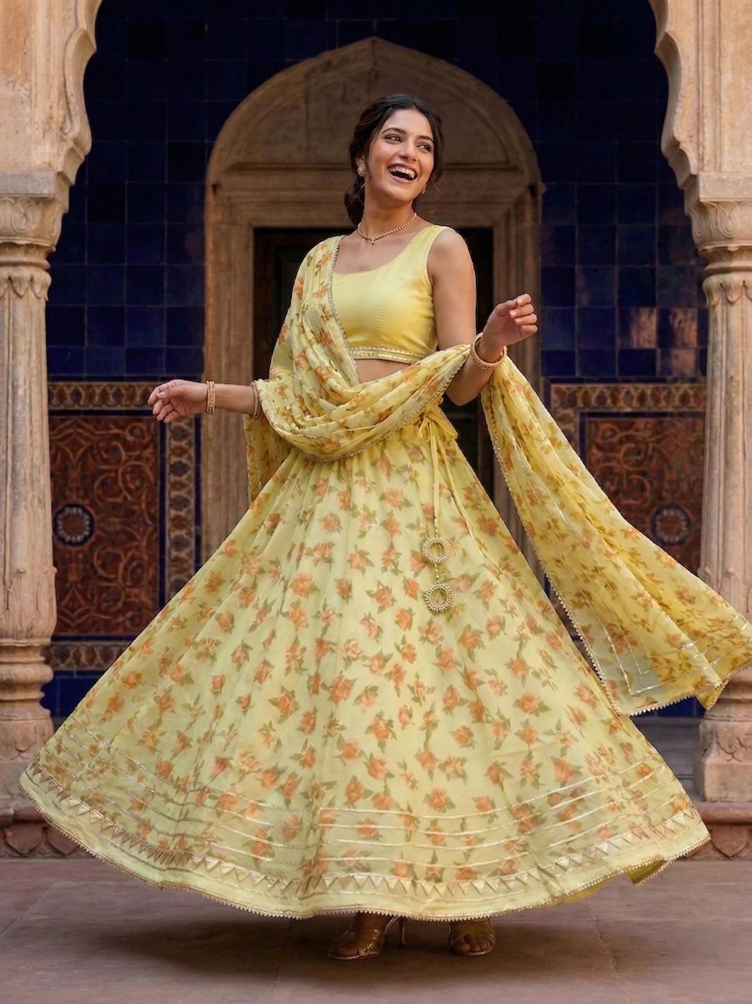 Hand - crafted Kota Doria Semi - Stitched Lehenga Set with Gota Patti & Lace Work with elegant handwork - LIBASTINO