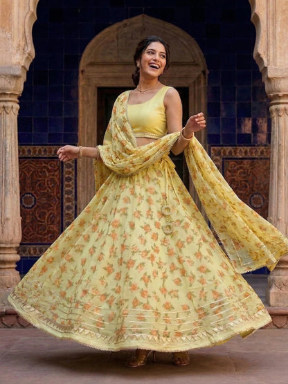Hand - crafted Kota Doria Semi - Stitched Lehenga Set with Gota Patti & Lace Work with elegant handwork - LIBASTINO