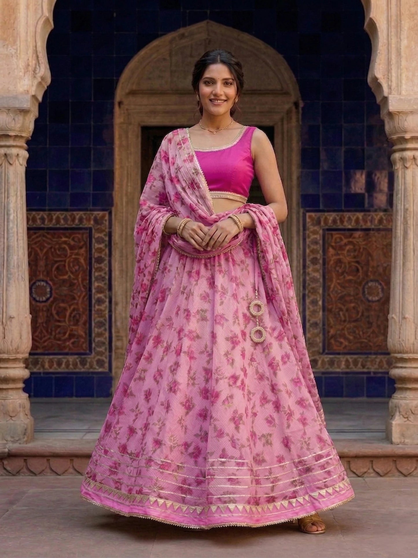 Hand - crafted Kota Doria Semi - Stitched Lehenga Set with Gota Patti & Lace Work with elegant handwork - LIBASTINO