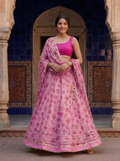 Hand - crafted Kota Doria Semi - Stitched Lehenga Set with Gota Patti & Lace Work with elegant handwork - LIBASTINO