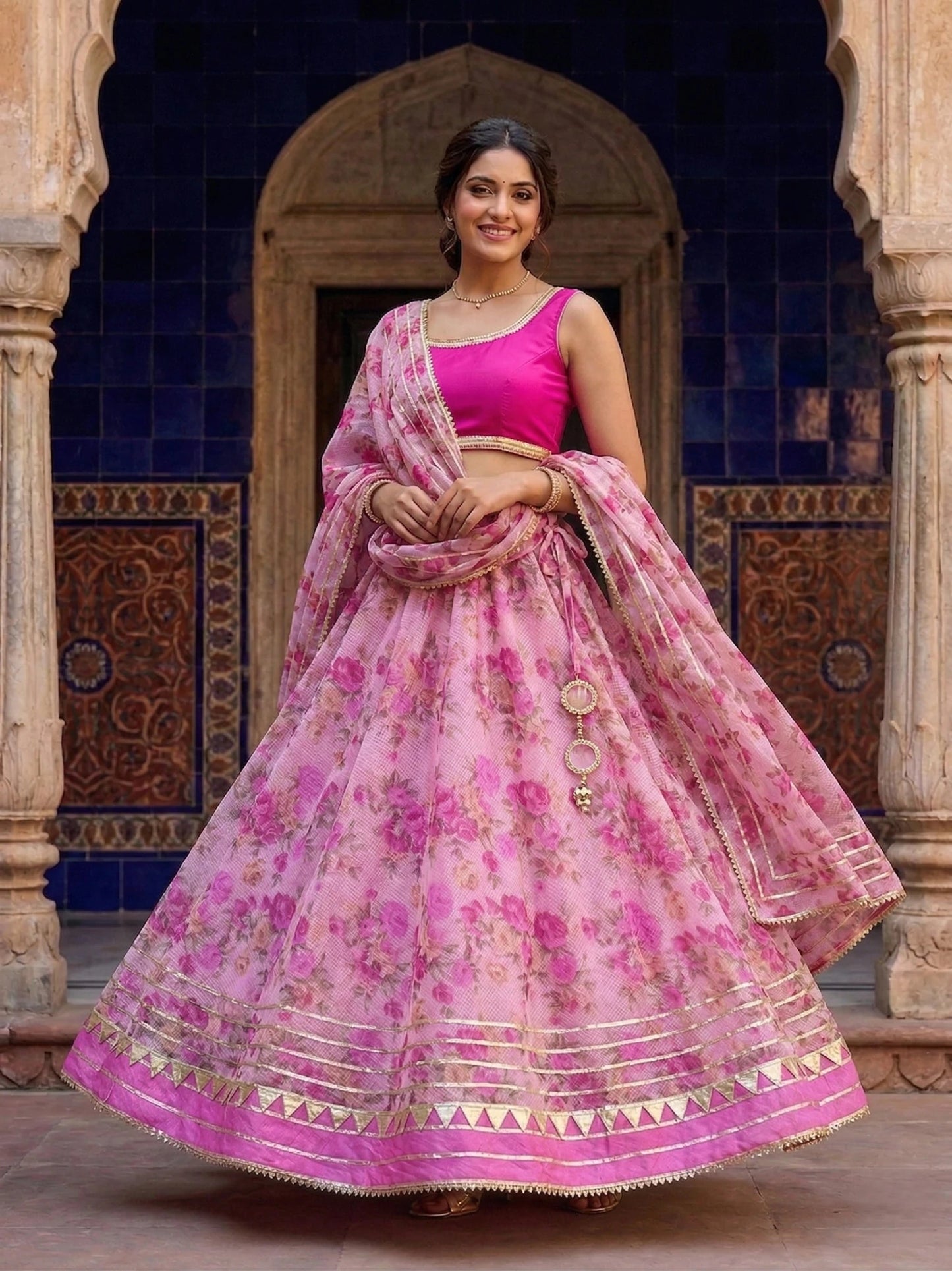 Hand - crafted Kota Doria Semi - Stitched Lehenga Set with Gota Patti & Lace Work with elegant handwork - LIBASTINO