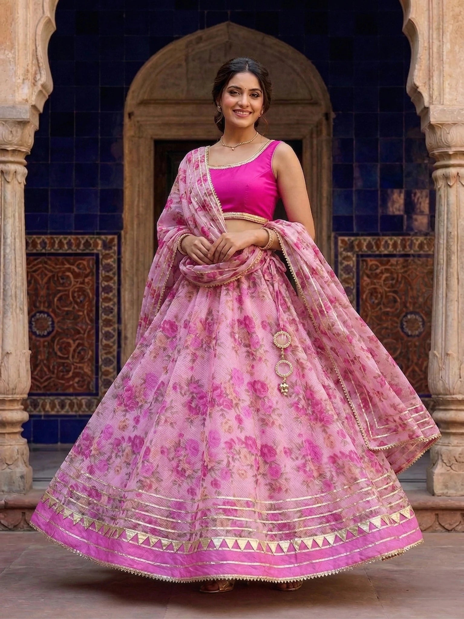 Hand - crafted Kota Doria Semi - Stitched Lehenga Set with Gota Patti & Lace Work with elegant handwork - LIBASTINO