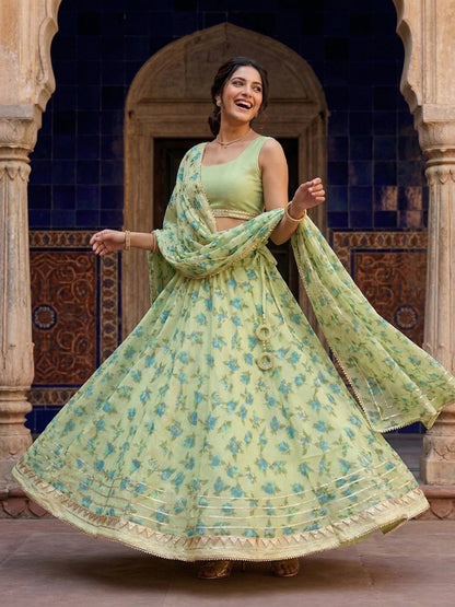Hand - crafted Kota Doria Semi - Stitched Lehenga Set with Gota Patti & Lace Work with elegant handwork - LIBASTINO