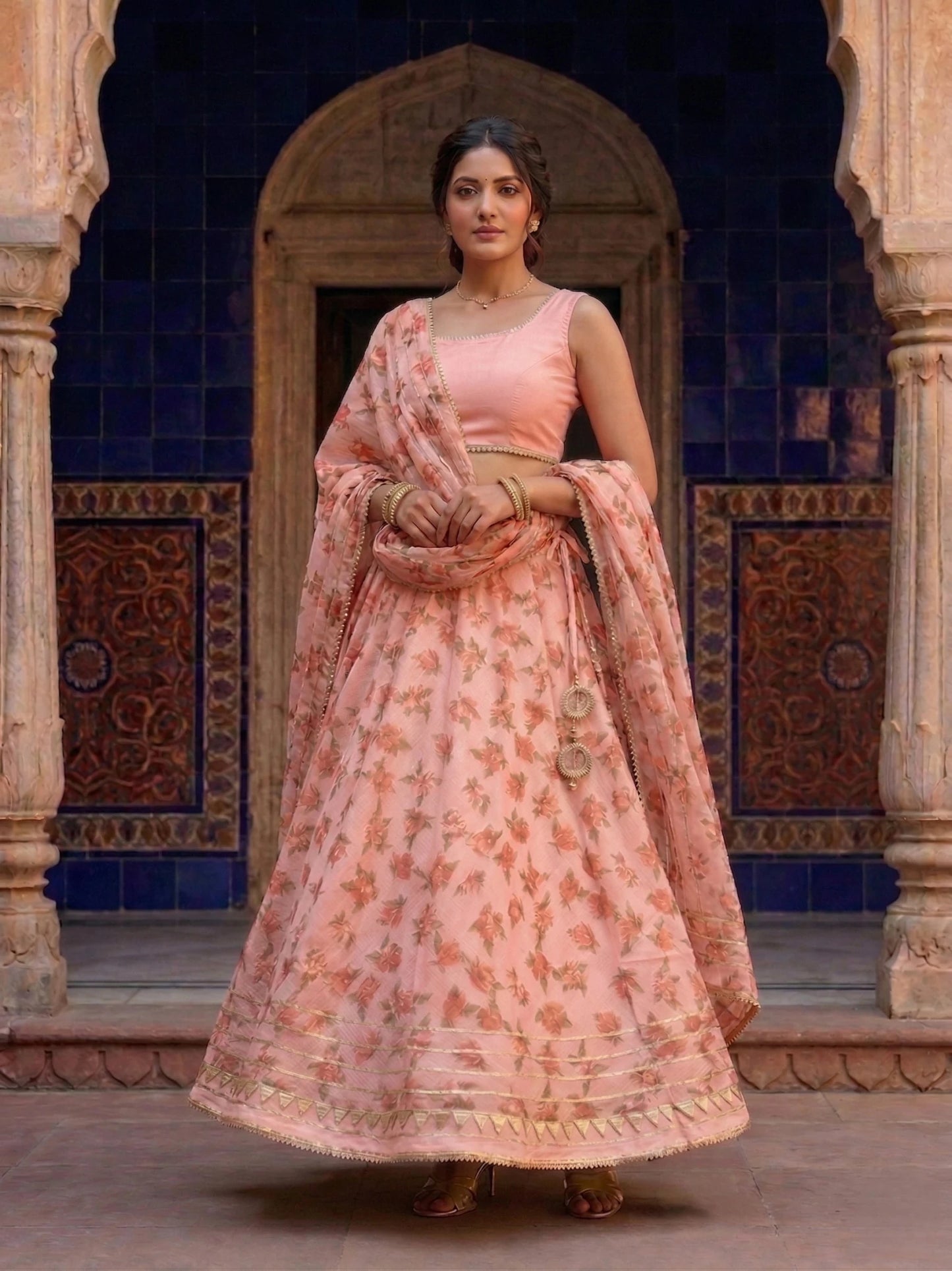 Hand - crafted Kota Doria Semi - Stitched Lehenga Set with Gota Patti & Lace Work with elegant handwork - LIBASTINO