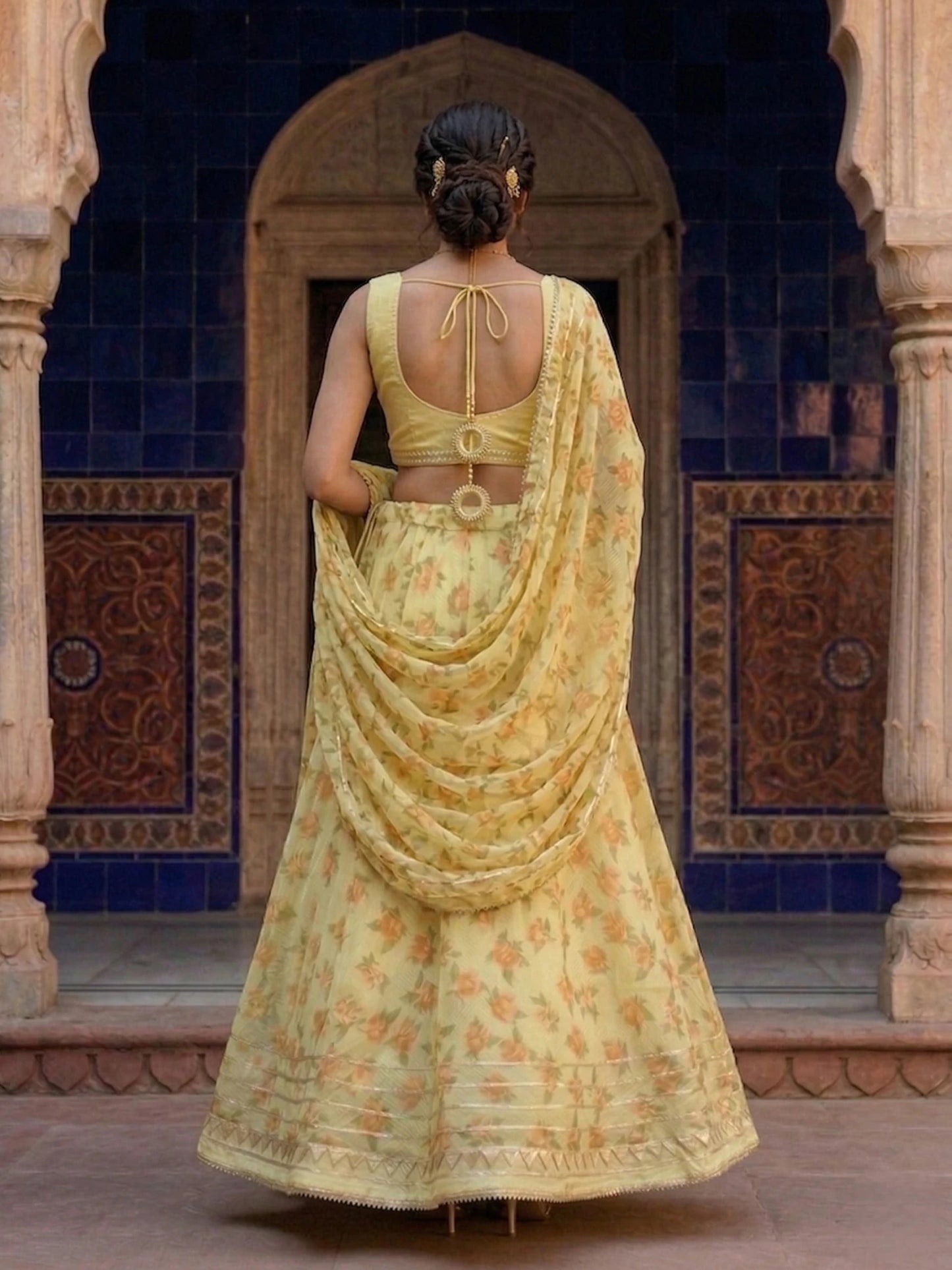 Hand - crafted Kota Doria Semi - Stitched Lehenga Set with Gota Patti & Lace Work with elegant handwork - LIBASTINO