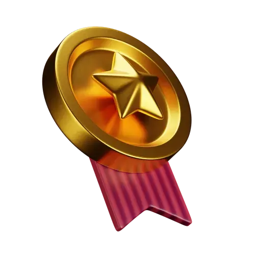 Gold star emblem on a red ribbon against a white background