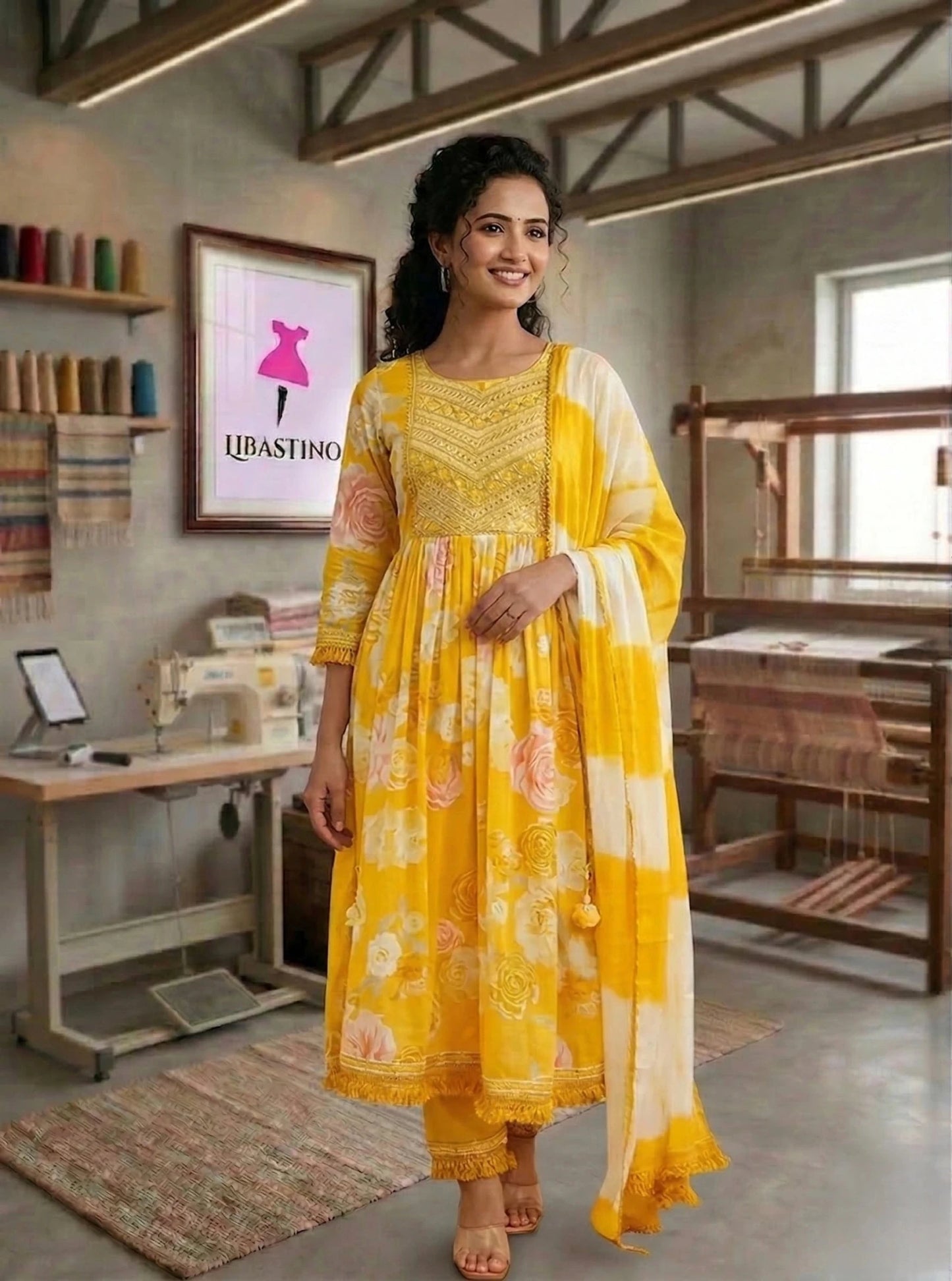 Hand - crafted Mustard Yellow Floral Anarkali Suit Set with Malmal Dupatta with elegant handwork - LIBASTINO