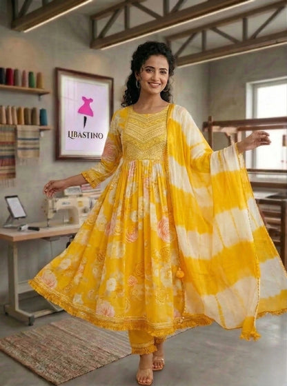 Hand - crafted Mustard Yellow Floral Anarkali Suit Set with Malmal Dupatta with elegant handwork - LIBASTINO