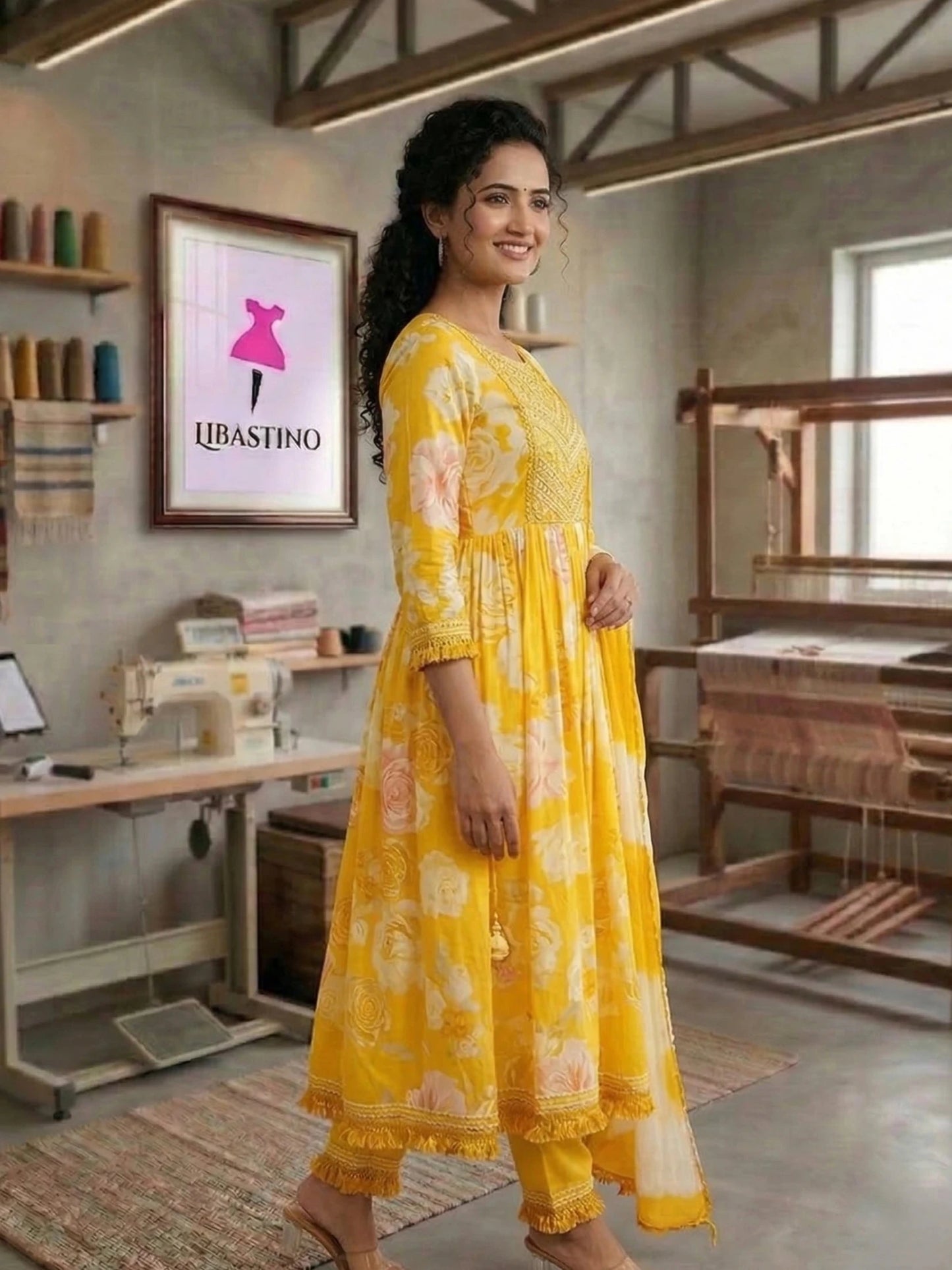 Hand - crafted Mustard Yellow Floral Anarkali Suit Set with Malmal Dupatta with elegant handwork - LIBASTINO