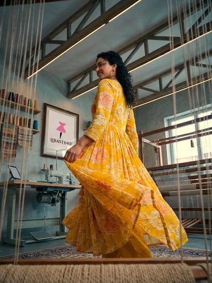 Hand - crafted Mustard Yellow Floral Anarkali Suit Set with Malmal Dupatta with elegant handwork - LIBASTINO