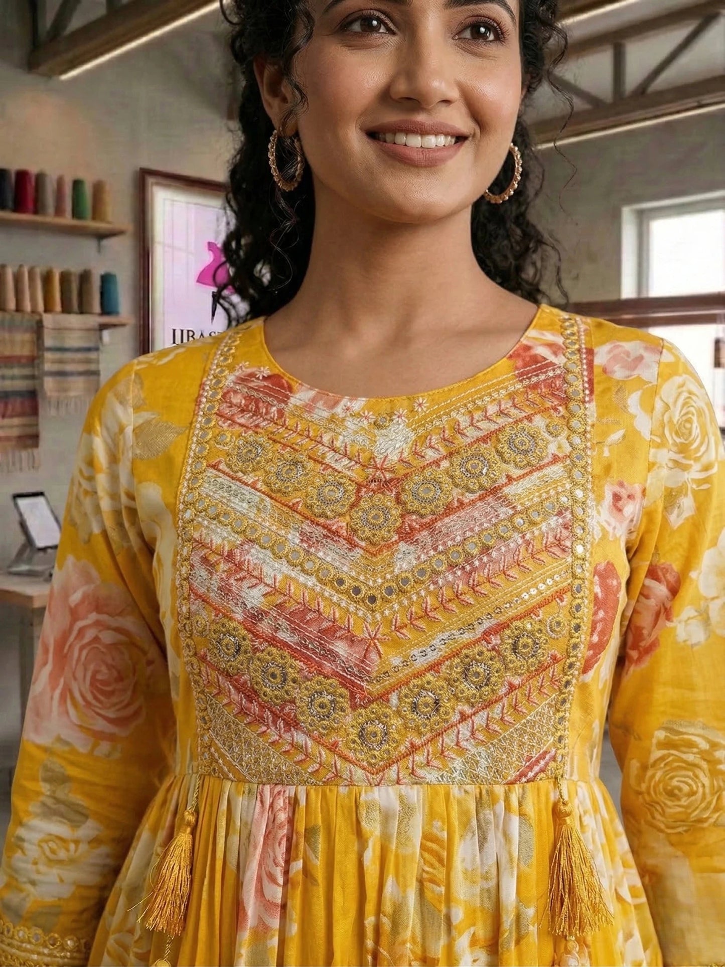 Hand - crafted Mustard Yellow Floral Anarkali Suit Set with Malmal Dupatta with elegant handwork - LIBASTINO