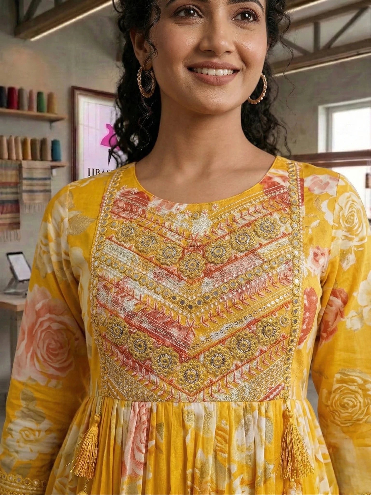Hand - crafted Mustard Yellow Floral Anarkali Suit Set with Malmal Dupatta with elegant handwork - LIBASTINO