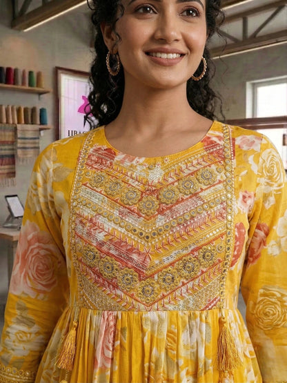 Hand - crafted Mustard Yellow Floral Anarkali Suit Set with Malmal Dupatta with elegant handwork - LIBASTINO
