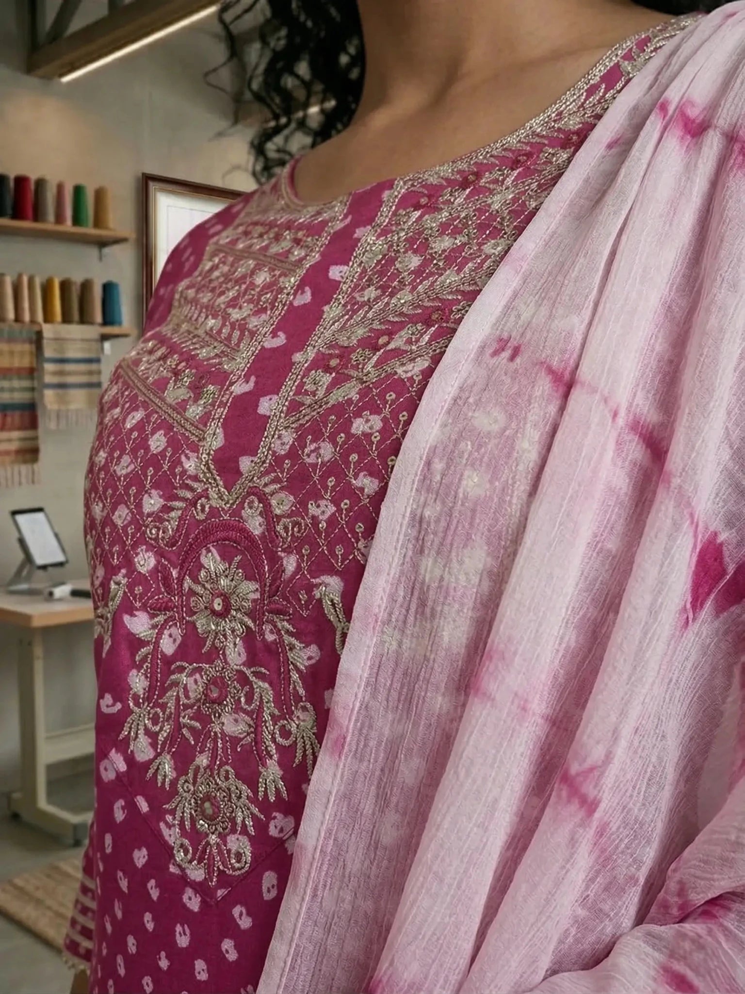 Hand - crafted Pink Bandhani Printed Rayon Kurta Set with Pants & Chiffon Dupatta with elegant handwork - LIBASTINO