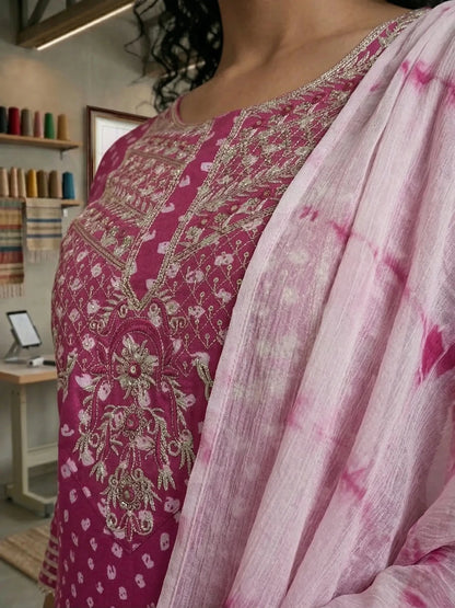 Hand - crafted Pink Bandhani Printed Rayon Kurta Set with Pants & Chiffon Dupatta with elegant handwork - LIBASTINO
